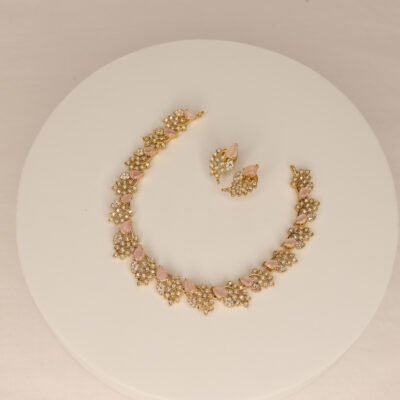 Elegant gold-toned jewelry set with pink stones and sparkling crystals.