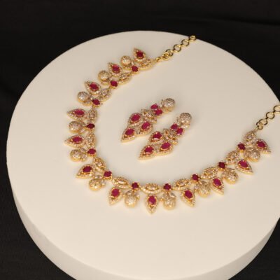 KC016-Elegant gold-plated necklace set with ruby red stones and matching earrings.
