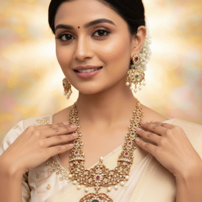 Stately Ruby & Green Stone Pearl Haram Set: Unmatched South Indian bridal elegance.Heavy-Ruby-and-Green-Stone-White-Pearl-Haram-01-scaled-760x1013.jpg​