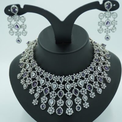 Purple amethyst imitation necklace set with chandelier earrings, ideal for bridal and festive wear from Kulali Collections.